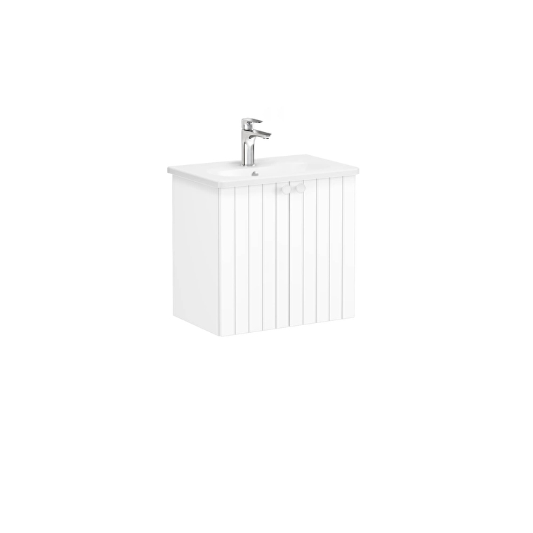 69212_02_6a9ec8d93eda511a9ded6dd3e11e2acae791ca56-1.jpg VitrA Root Groove Lavabo Dolabı, 60 cm, İki Kapaklı, Dar, Yuvarlak Lavabo, Mat Beyaz - Görsel 1
