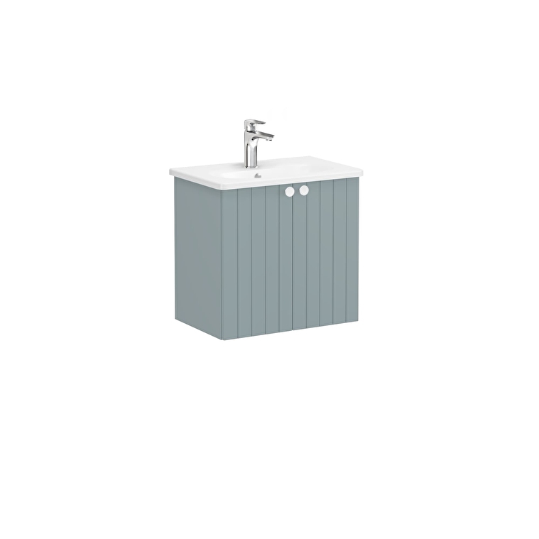 69215_02_1266a8b0bbb7fa3fb548cd7ea6315dc6d15594ce-1.jpg VitrA Root Groove Lavabo Dolabı, 60 cm, İki Kapaklı, Dar, Yuvarlak Lavabo, Mat Fiyord Yeşili - Görsel 1