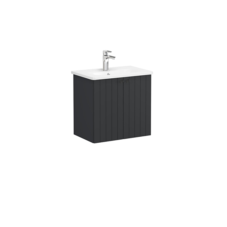 69216_2aa57b5685b9255717a76d35f96d38adf1d36d3e-1.jpg VitrA Root Groove Lavabo Dolabı, 60 cm, İki Kapaklı, Dar, Yuvarlak Lavabo, Mat Grafit - Görsel 1