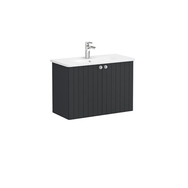 VitrA Root Groove Lavabo Dolabı, 80 cm, İki Kapaklı, Dar, Yuvarlak Lavabo, Mat Grafit