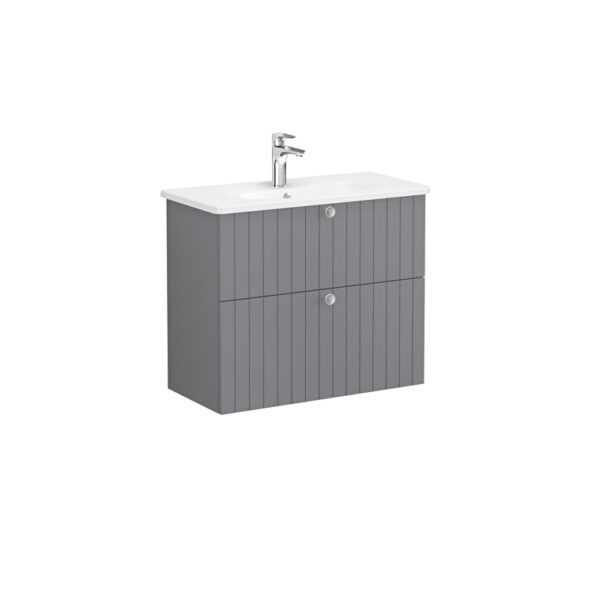 VitrA Root Groove Lavabo Dolabı, 80 cm, İki Çekmeceli, Dar, Yuvarlak Lavabo, Mat Gri