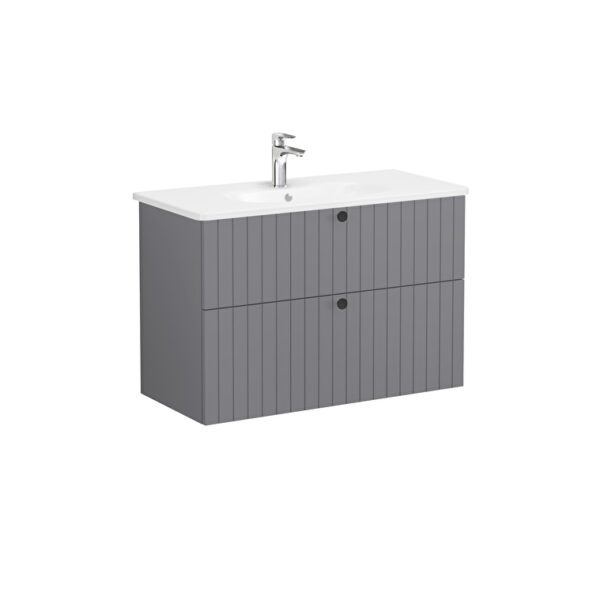 VitrA Root Groove Lavabo Dolabı, 100 cm, İki Çekmeceli, Yuvarlak Lavabo, Mat Gri