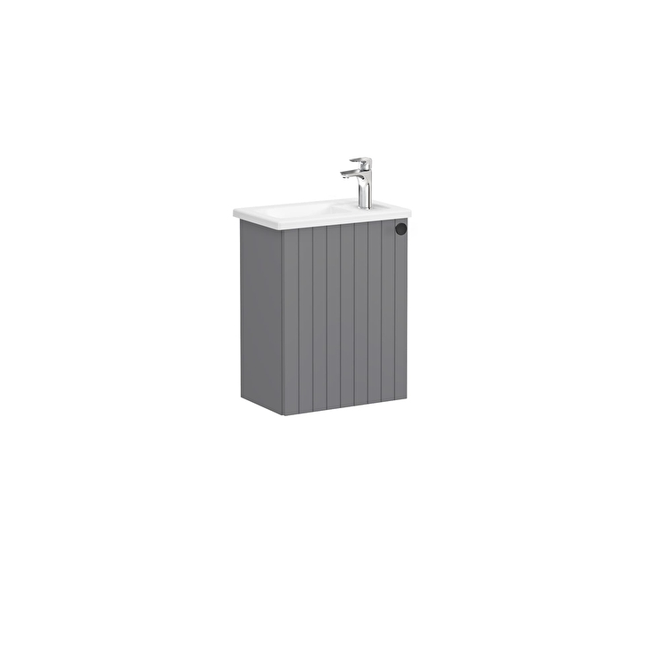 70fc2ba3ce6bdf3124f39a96f1d361ee338134ca-1.jpg VitrA Root Groove Lavabo Dolabı, 45 cm, Bir Kapaklı, Dar, Köşeli Lavabo, Mat Gri, Sol - Görsel 1