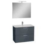 VitrA Mia Banyo Dolabı Seti, 80 cm, İki Çekmeceli, Lavabo Dolabı, Aydınlatmalı Düz Ayna, Parlak Antrasit