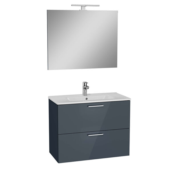 VitrA Mia Banyo Dolabı Seti, 80 cm, İki Çekmeceli, Lavabo Dolabı, Aydınlatmalı Düz Ayna, Parlak Antrasit