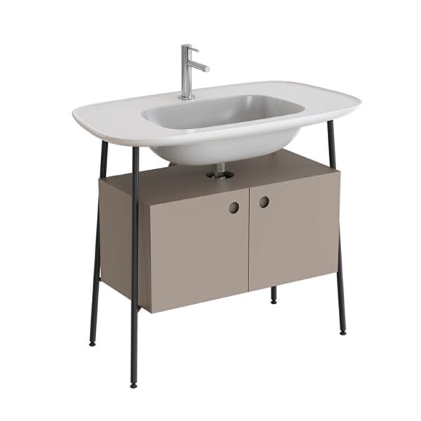 VitrA Plural Lavabo Dolabı, 100 cm, İki Kapaklı, Tek Armatür Delikli, Parlak Beyaz Seramik Lavabolu, Mat Soft Bej