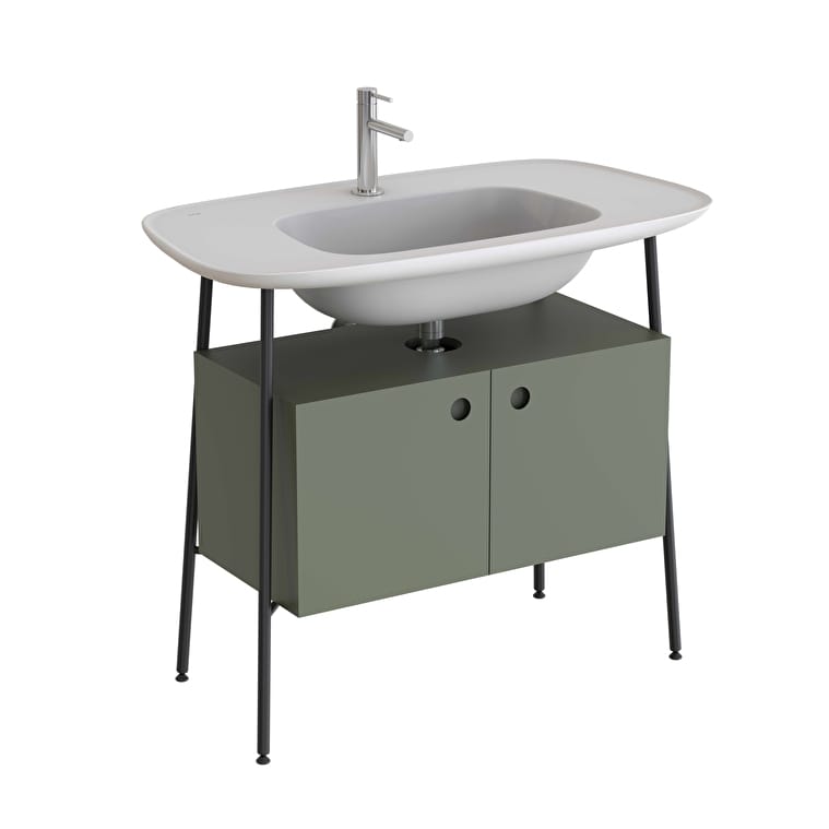 80452-1.jpg VitrA Plural Lavabo Dolabı, 100 cm, İki Kapaklı, Tek Armatür Delikli, Mat Beyaz Seramik Lavabolu, Mat Retro Yeşili - Görsel 1