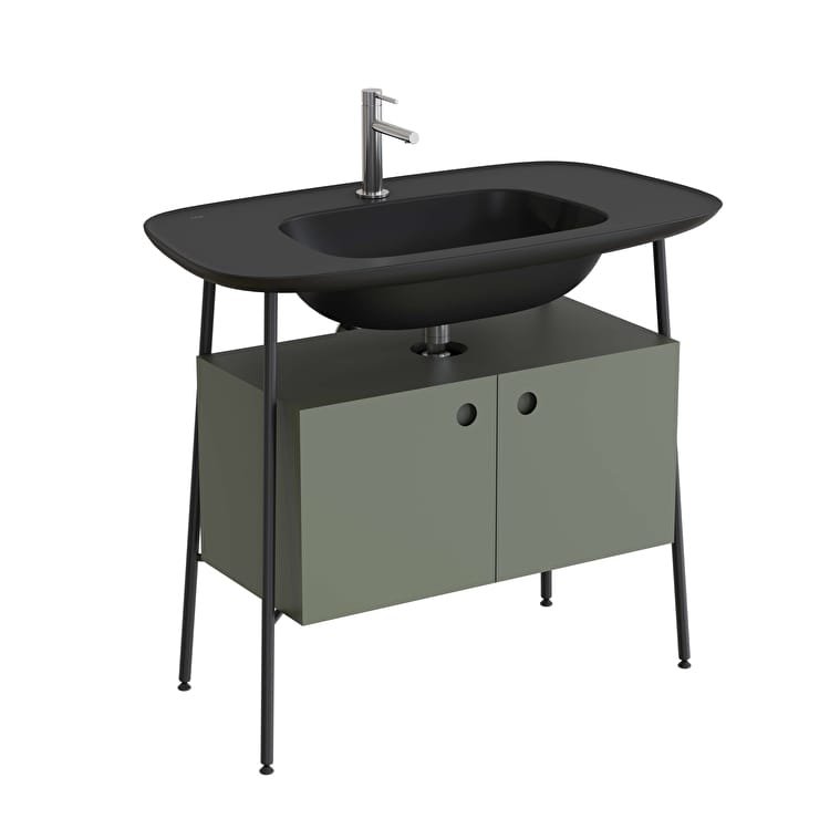 80453-1.jpg VitrA Plural Lavabo Dolabı, 100 cm, İki Kapaklı, Tek Armatür Delikli, Mat Siyah Seramik Lavabolu, Mat Retro Yeşili - Görsel 1