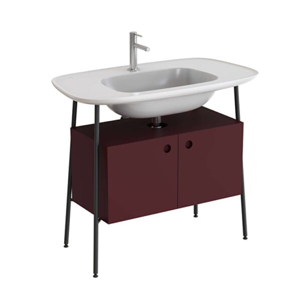 VitrA Plural Lavabo Dolabı, 100 cm, İki Kapaklı, Tek Armatür Delikli, Parlak Beyaz Seramik Lavabolu, Mat Bordo