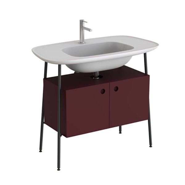 VitrA Plural Lavabo Dolabı, 100 cm, İki Kapaklı, Tek Armatür Delikli, Mat Beyaz Seramik Lavabolu, Mat Bordo