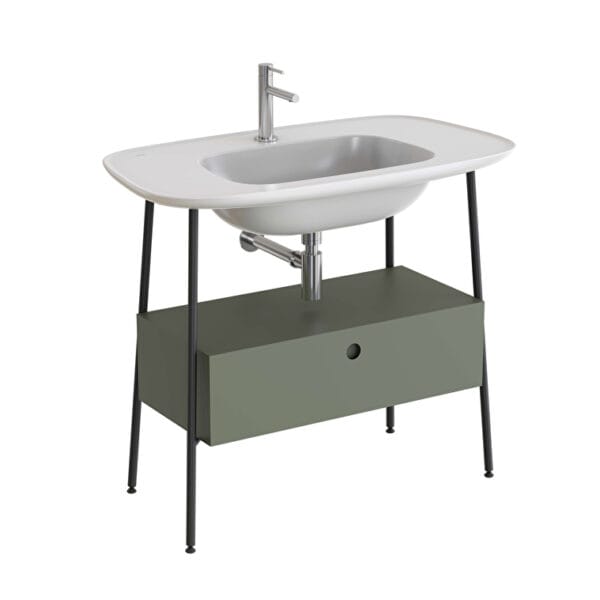 VitrA Plural Lavabo Dolabı, 100 cm, Bir Çekmeceli, Tek Armatür Delikli, Parlak Beyaz Seramik Lavabolu, Mat Retro Yeşili