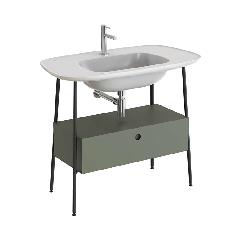 80462-1.jpg VitrA Plural Lavabo Dolabı, 100 cm, Bir Çekmeceli, Tek Armatür Delikli, Parlak Beyaz Seramik Lavabolu, Mat Retro Yeşili - Görsel 1