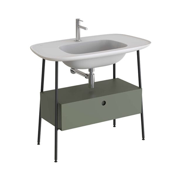 VitrA Plural Lavabo Dolabı, 100 cm, Bir Çekmeceli, Tek Armatür Delikli, Mat Beyaz Seramik Lavabolu, Mat Retro Yeşili