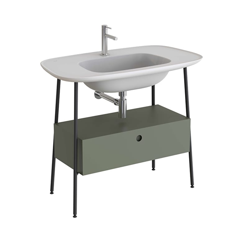 80463-1.jpg VitrA Plural Lavabo Dolabı, 100 cm, Bir Çekmeceli, Tek Armatür Delikli, Mat Beyaz Seramik Lavabolu, Mat Retro Yeşili - Görsel 1