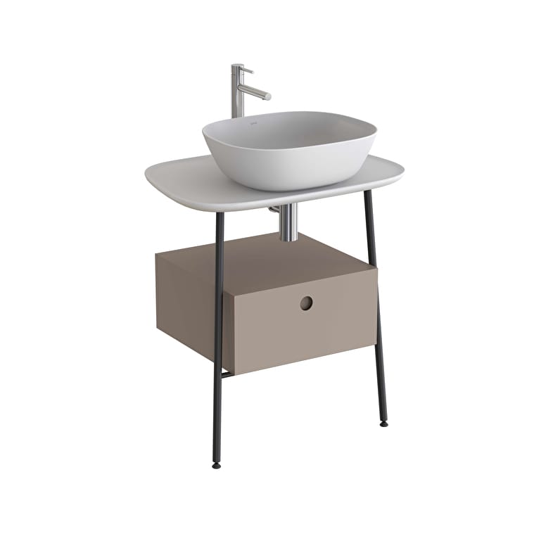 80470-1.jpg VitrA Plural Tezgah Ünitesi, 70 cm, Bir Çekmeceli, Asma, Yüksek, Tek Armatür Delikli, Mat Beyaz Seramik Tezgah, Mat Soft Bej, Lavabosuz - Görsel 1