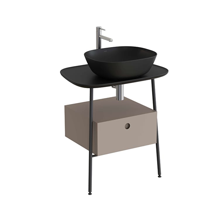 80471-1.jpg VitrA Plural Tezgah Ünitesi, 70 cm, Bir Çekmeceli, Asma, Yüksek, Tek Armatür Delikli, Mat Siyah Seramik Tezgah, Mat Soft Bej, Lavabosuz - Görsel 1