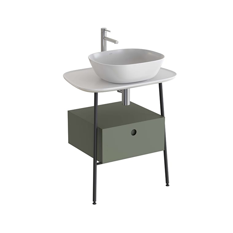 80472-1.jpg VitrA Plural Tezgah Ünitesi, 70 cm, Bir Çekmeceli, Asma, Yüksek, Tek Armatür Delikli, Parlak Beyaz Seramik Tezgah, Mat Retro Yeşil, Lavabosuz - Görsel 1