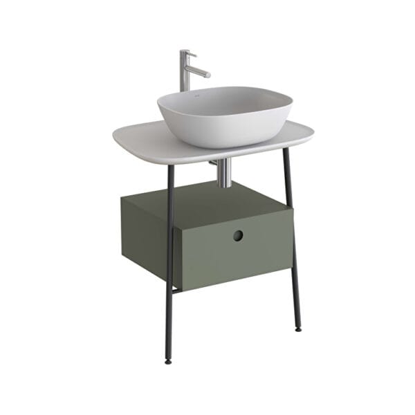 VitrA Plural Tezgah Ünitesi, 70 cm, Bir Çekmeceli, Asma, Yüksek, Tek Armatür Delikli, Mat Beyaz Seramik Tezgah, Mat Retro Yeşil, Lavabosuz