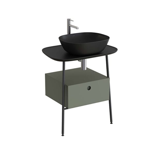 VitrA Plural Tezgah Ünitesi, 70 cm, Bir Çekmeceli, Asma, Yüksek, Tek Armatür Delikli, Mat Siyah Seramik Tezgah, Mat Retro Yeşil, Lavabosuz