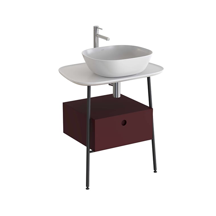 80475_1-1.jpg VitrA Plural Tezgah Ünitesi, 70 cm, Bir Çekmeceli, Asma, Yüksek, Tek Armatür Delikli, Parlak Beyaz Seramik Tezgah, Mat Bordo, Lavabosuz - Görsel 1