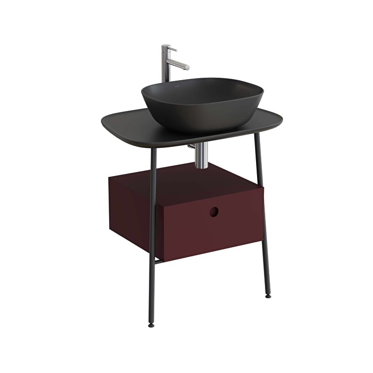 80481-1.jpg VitrA Plural Tezgah Ünitesi, 70 cm, Bir Çekmeceli, Asma, Yüksek, Tek Armatür Delikli, Mat Siyah Seramik Tezgah, Mat Bordo, Lavabosuz - Görsel 1