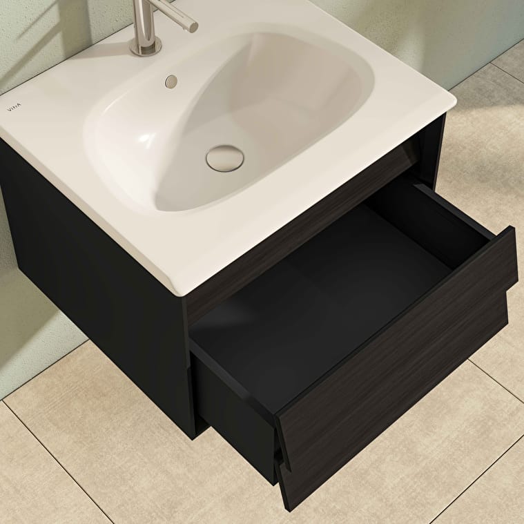 VitrA Frame Lavabo Dolabı, 60 cm, Bir Çekmeceli, Beyaz Etajerli Lavabolu, Mat Soft Siyah & Hareli Siyah Meşe - Görsel 2