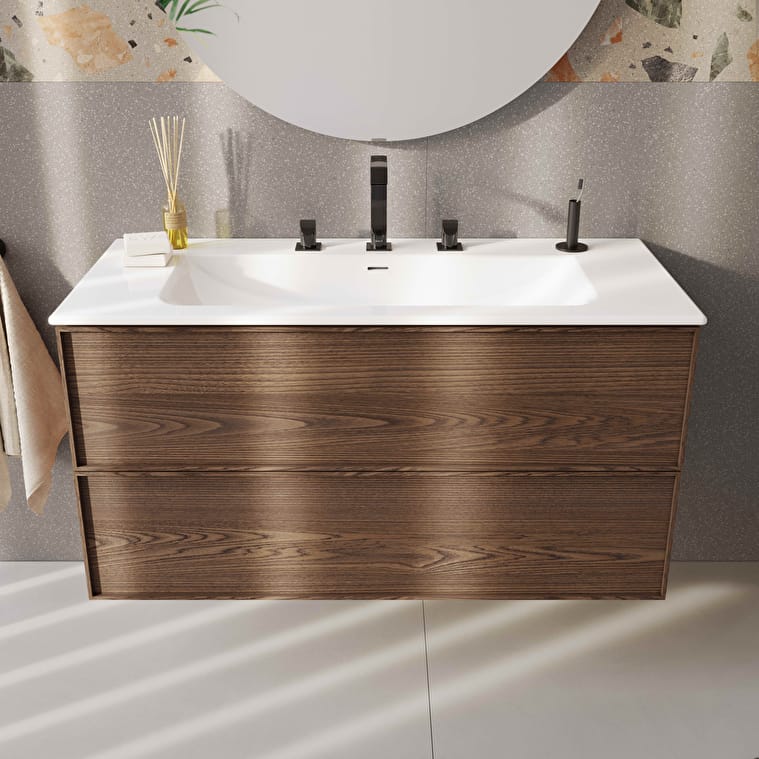 VitrA Metropole Edge Lavabo Dolabı, 120 cm, İki Çekmeceli, Etajerli Lavabolu, Ceviz - Görsel 3