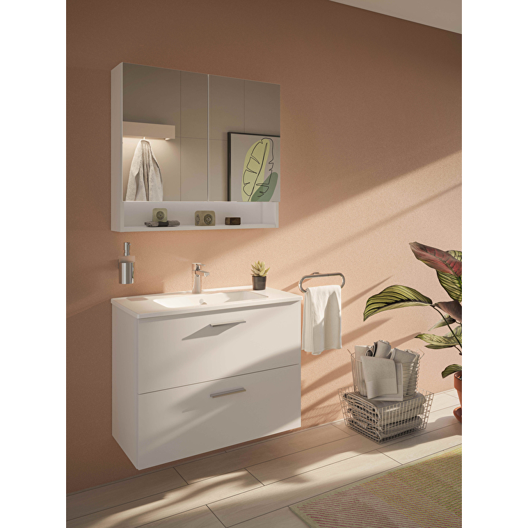VitrA Mia Banyo Dolabı Seti, 80 cm, İki Çekmeceli, Lavabo Dolabı, Raflı Dolaplı Ayna, Parlak Beyaz - Görsel 3