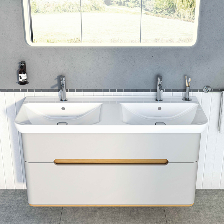 VitrA Sento Lavabo Dolabı, 130 cm, İki Çekmeceli, Çift Hazneli Lavabolu, Aydınlatmalı, Mat Beyaz - Görsel 6