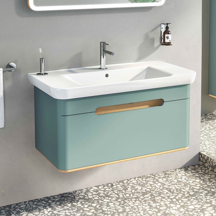 VitrA Sento Lavabo Dolabı, 100 cm, Bir Çekmeceli, Aydınlatmalı, Mat Fiyord Yeşili - Görsel 4