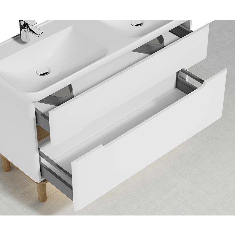 VitrA Sento Lavabo Dolabı, 130 cm, İki Çekmeceli, Çift Hazneli Lavabolu, Aydınlatmalı, Mat Beyaz - Görsel 5