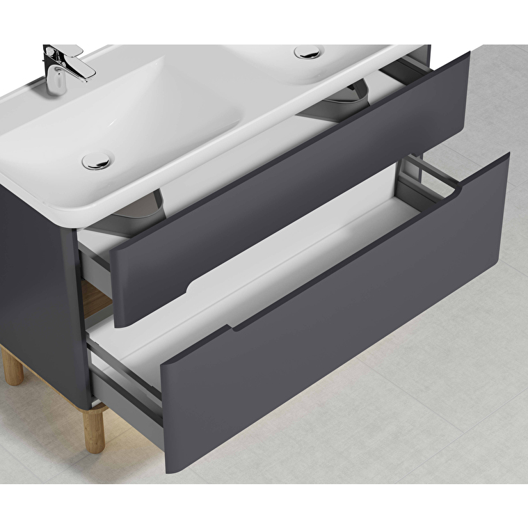 VitrA Sento Lavabo Dolabı, 130 cm, İki Çekmeceli, Çift Hazneli Lavabolu, Aydınlatmalı, Mat Antrasit - Görsel 6